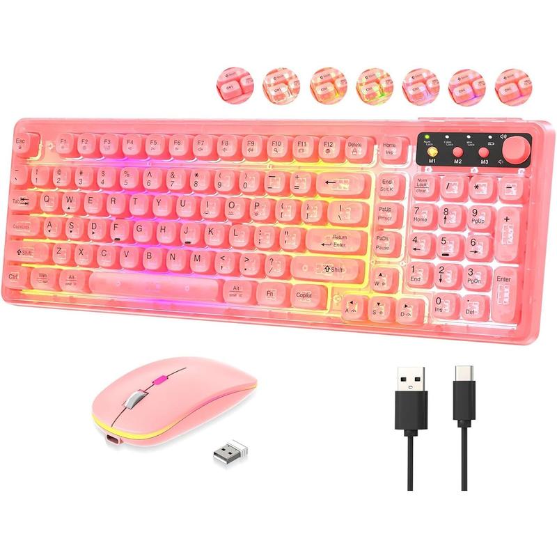 Pink Light Up Keyboard and Mouse Wireless,Cute 2.4Ghz Cordless Rechargeable Transparent Backlit Keyboard,15 Backlight Effects,Volume Knob,RGB Mouse with 3 DPI for Mac Computer PC Laptop Desktop iPad