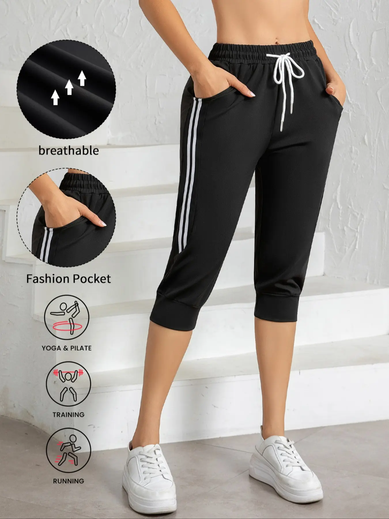 Women's High Elasticity Ice Silk Cool Nylon Sports Pants, Casual Striped Knit Fabric, Fitted Drawstring Waistband for Running & Leisure Wear, Athleisure Pants, Casual Athletic Pants, Fitness Sports Pants, Casual Sportswear Pants