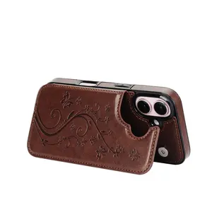 HISTORYOO Brown Retro Shockproof Soft TPU Back Cover Rubber Wallet Case For iPhone 17 Pro Max Air 17 16 15 14 13 12 Pro Max 16 15 14 Plus / Pro Case Magnetic Clasp PU-Leather Butterfly Flower Pattern ID Card Slots Stand Function Autumn Durable Gift