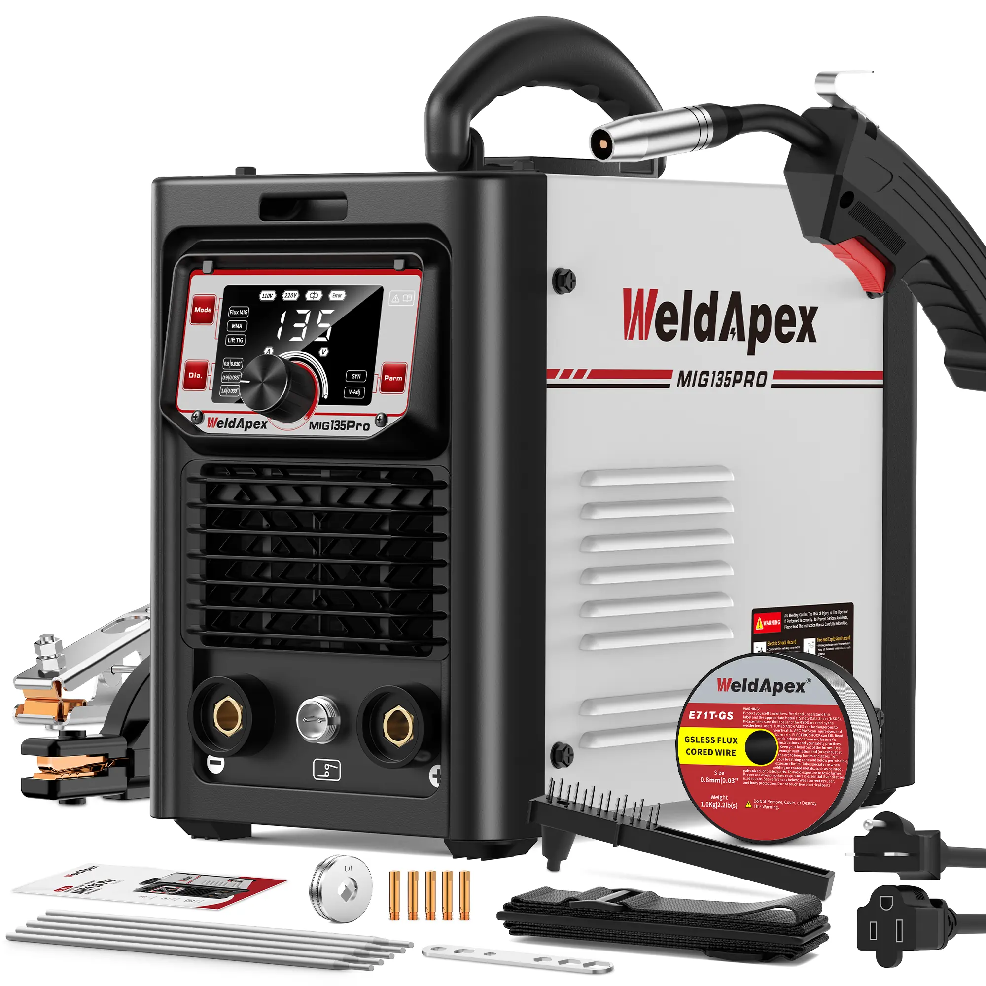 MIGWELDER 135A 3-in-1 Flux Core MIG/Stick/Lift TIG Welder, 110V/220V Dual Voltage, Portable Welding Machine with Complete Kit