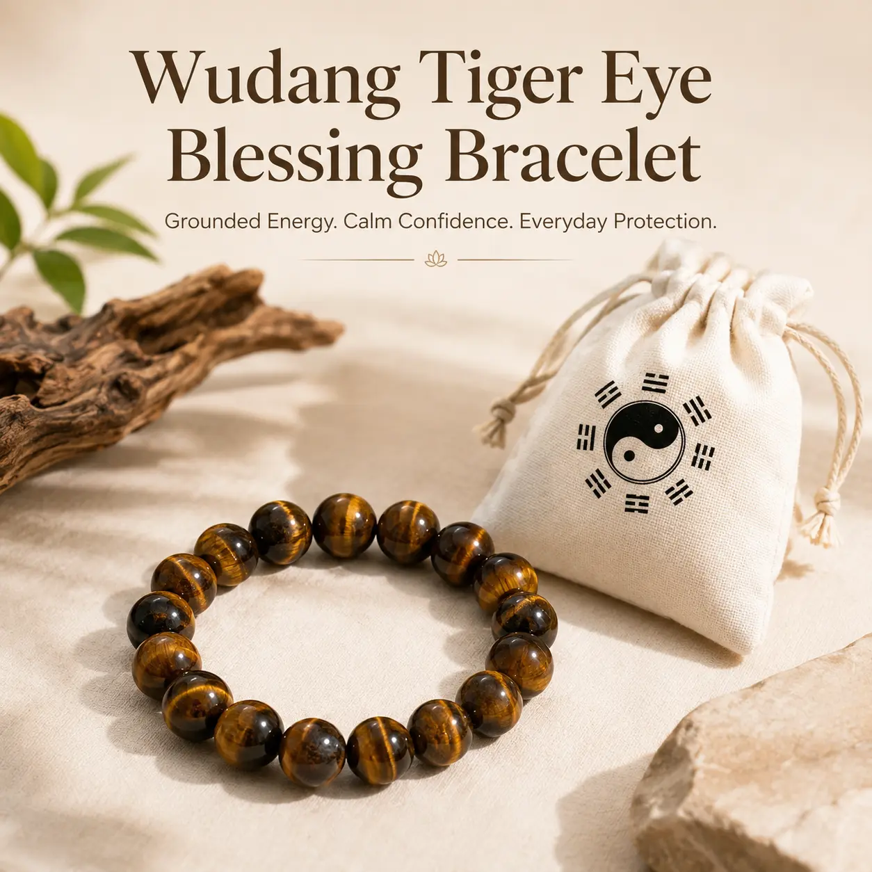 Wudang Tiger Eye Beaded Bracelet - Unisex Natural Golden Brown Natural Stone Jewelry for Balance, Confidence, Good Fortune, Spirituality, Feng Shui Gift (Health, Love, Career Success Symbolism)