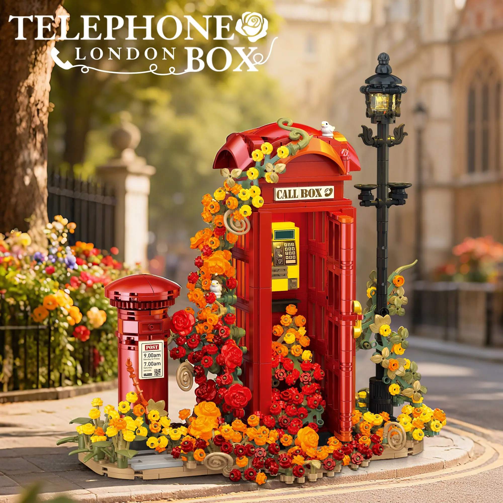 1142PCS Red Vintage British Telephone Booth Creative Building Blocks Kit Sets Romantic Flower Cluster Street View Bricks Model Toys Valentine's Day Gifts DIY Building Model Buildable Blocks Kit