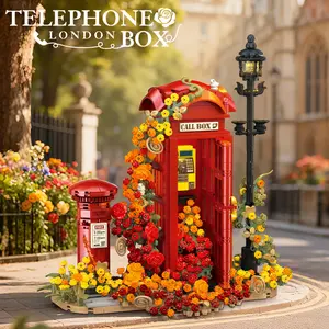 1142PCS Red Vintage British Telephone Booth Creative Building Blocks Sets Romantic Flower Cluster Street View Bricks Model Toys Valentine's Day Gifts