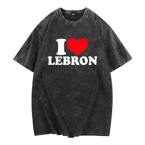 Simple Style Casual Cotton Short Sleeve White Letter Print "I LOVE LEBRON" Vintage washed cotton T-shirt for Men and Women Fabric Menswear Round Neck Shortsleeve