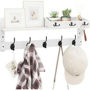 Coat Rack Wall Mount with Hooks and Mail Holder, Entryway Floating Shelf with Key Hooks,  Coat Hanger for Entry, Bathroom, Hallway, Bedroom, White