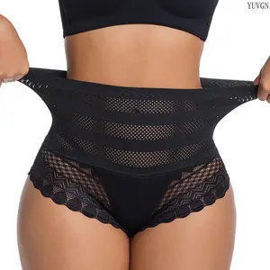 High Waist Lace Trim Tummy Control Shapewear Panty, Breathable Mesh Body Shaper Underwear, Comfortable Stretchy Waist Cincher Briefs for Daily Wear & Outfits