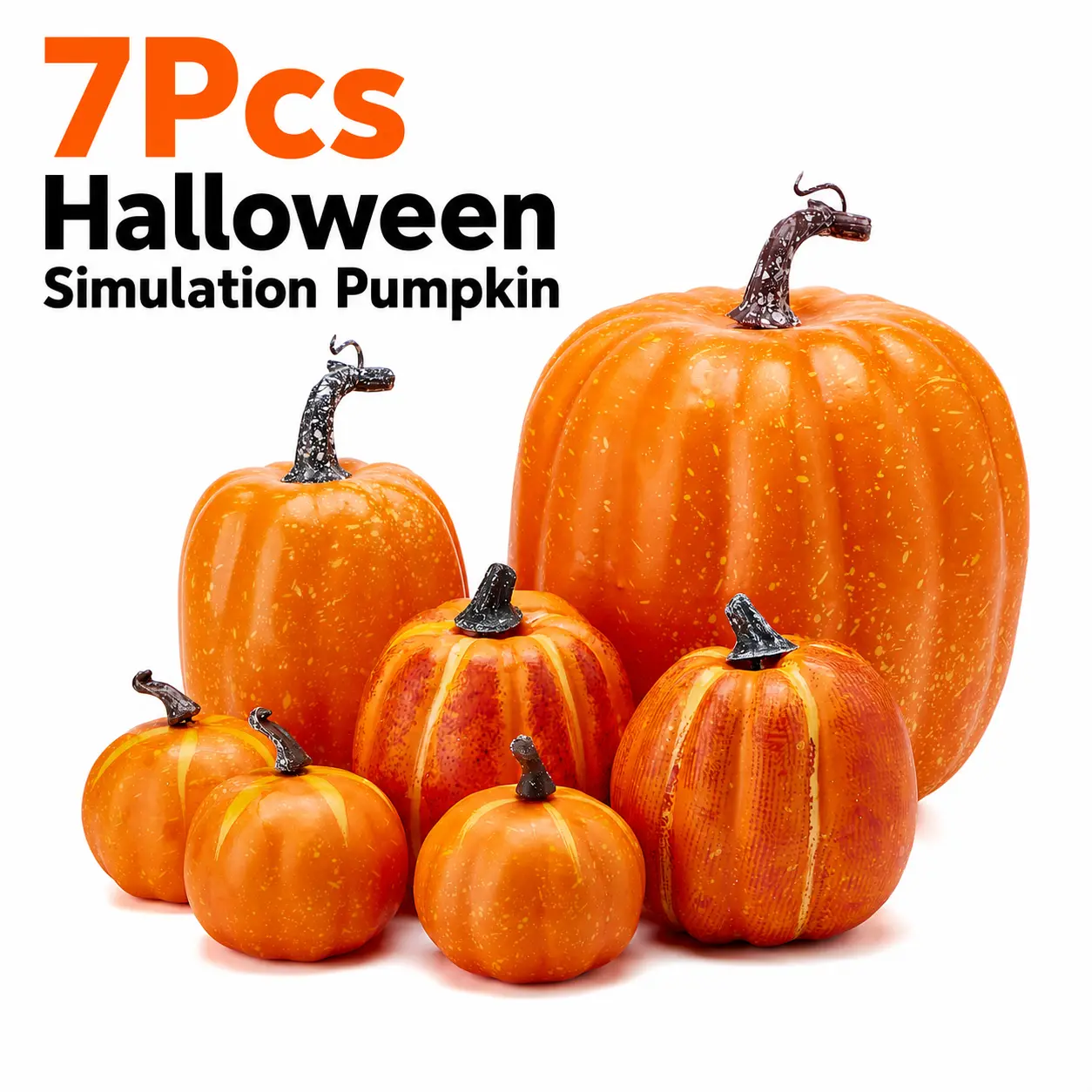 7pcs Assorted Size Textured Faux Orange Pumpkins With Natural Stem Bulk Fall Decor Thanksgiving Dinner Table Halloween Yard Photo Prop Ornament