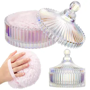 Tioncy 2 Pcs Extra Large Dusting Powder Puff and Container for Women-6'' Glass Crystal Dusting Powder Container Soft Washable Reusable Velour Face(Dazzling,Classic)