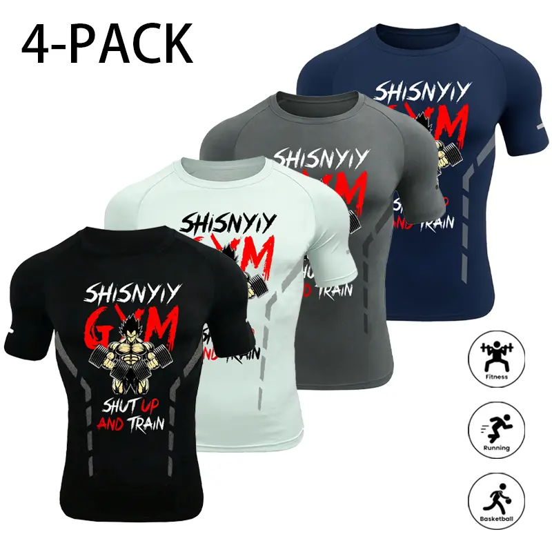 Men Anime Gym Graphic Compression Shirt Quick Dry Muscle Fit Short Sleeve Athletic Tee Reflective Stripe Training T-Shirt For Fitness Running Basketball Menswear Top Tshirt Streetwear Round Neck Crewneck Bestie Wetsuit