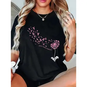 GGOR 100% Cotton Dandelion Breast Cancer Awareness Pink Ribbon Support Gift T-Shirt