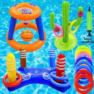 Inflatable Basketball Hoop Pool Floats Toy Set,Floating Basketball Hoop&Inflatable Ring Toss&Beach Ball for Swimming Water Fun Floats Accessories Hoop Inflatable Cross Ring Toss Game and Inflatable Cactus Kids for Teens Adults and Family, Pool Floaties