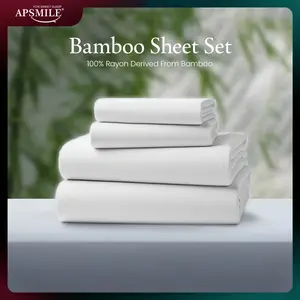 APSMILE Bamboo Sheet Sets 4 Piece , Organically Growth, Silky Soft & Cooling, 4 Piece (1 Fitted Sheet, 1 Flat Sheet and 2 Pillowcases) White Bedding Set with 15" Deep Pocket
