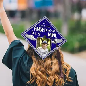 Personalized Memorial Graduation Cap Topper – “I Was His Angel, Now He Is Mine” Photo Cap for Class of 2025, Handcrafted Physical Item