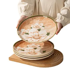 4/6-Piece Floral Ceramic Dinner Plate Set, 10-Inch Camellia Pattern Round Steak Plates, Elegant Decorative Serving Dishes for Kitchen & Dining, Dinnerware Set, Microwave & Oven Safe