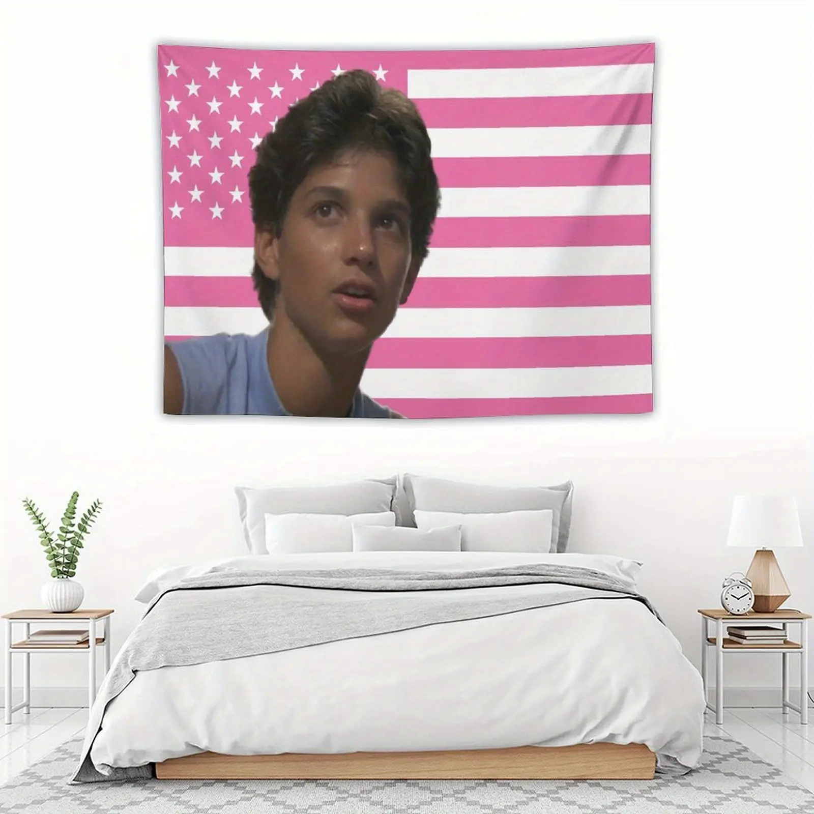 The Wonder Years Ralph Malph Printed Tapestry - American Flag Motif with Ralph Macchio Design, Horizontal Vintage Retro TV Shows Wall Art, Dorm Bedroom Home Decor Gift, Horizontal Wall Art, Machine Wash