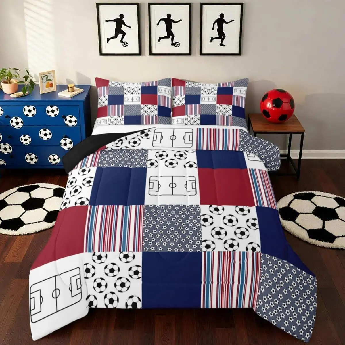 Football Comforter Set All Season Rugby Sports Bedding Set 1 Soccer Ball Game Bedclothes Gift for Football Lover Bedroom Decor Navy Blue Duvet Quilt Breathable Soft