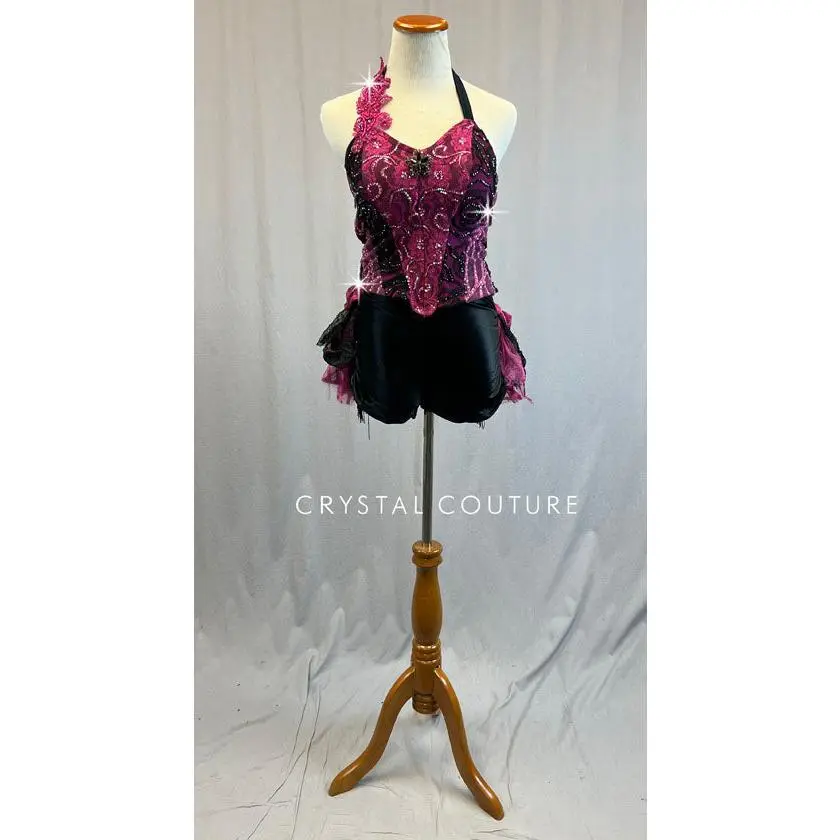 Custom Pink and Black Bustier with Back Bustle - Rhinestones