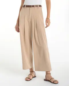 Pull-On Pleated Wide Leg Crop Trouser