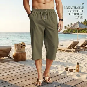 Men's Casual Lightweight Linen Capri Pants - 3/4 Length Baggy Drawstring Elastic Waist Beach Yoga Pants with Pockets Perfect for Summer Vacation Comfortable Breathable Relaxed Fit Lounge Wear