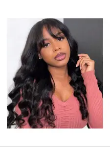 18 Inch Body Wave Wigs with Bangs Loose Body Wig Human Hair Wavy Human Hair Wig for Women Machine Made None Lace Front Wigs 180% Density Brazilian Virgin Human Hair Glueless Frontal Wig with Adjustable Drawstring Natural Color