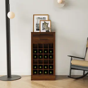 17.80*15.95*35.43 Inch Walnut Brown Modular Wine Cabinet, 28 Bottles Capacity Wooden Wine Storage Rack, 15mm Particle Board Melamine Finish Freestanding Buffet Wine Cabinet for Home Bar Kitchen