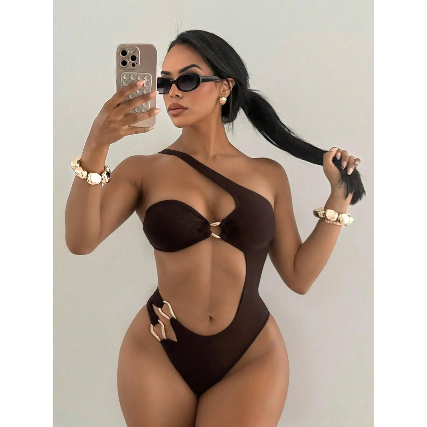 Women's Standard Size Solid Color Asymmetrical Neck Hollow-Out Golden Decor Beach Vacation One Piece Swimsuit, Summer