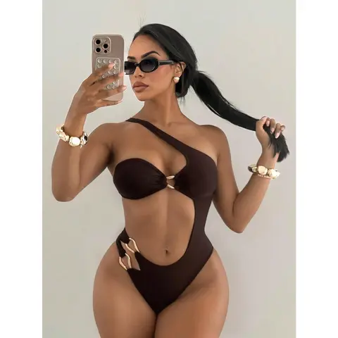 Women's Standard Size Solid Color Asymmetrical Neck Hollow-Out Golden Decor Beach Vacation 1-Piece Bathing Suit, Summer Swimsuits for Women