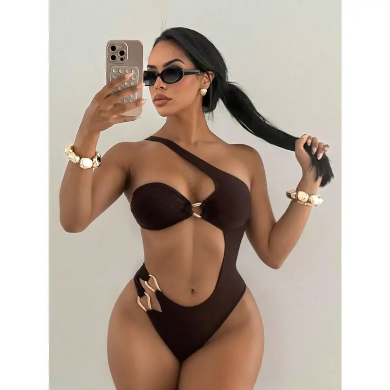 Women's Standard Size Solid Color Asymmetrical Neck Hollow-Out Golden Decor Beach Vacation 1-Piece Bathing Suit, Summer Swimsuits for Women