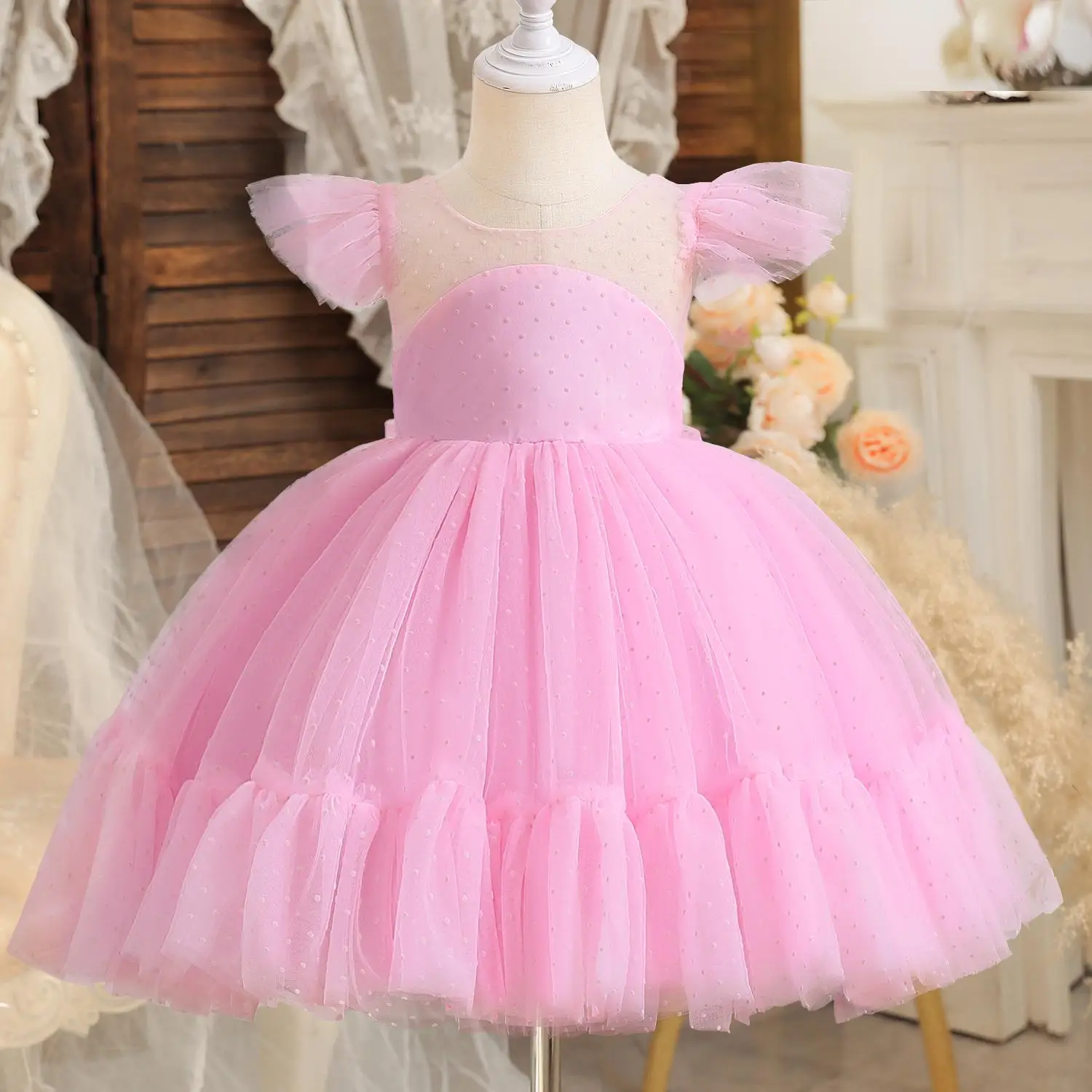 Ruffles Elegant Princess Dress for Kids Girls Polka-dot Fashionable Girls Birthday Party Dresses Summer Wedding Evening Prom Gown