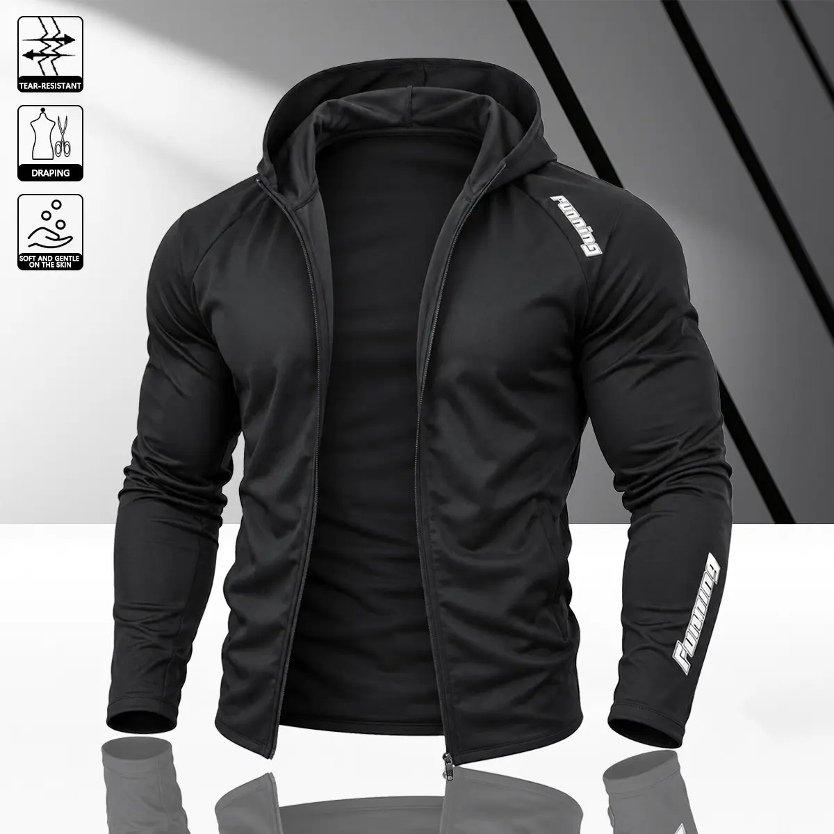 Men’s black zip-up sports jacket with a “Running” print and hood, slim fit, breathable fabric, highly elastic and wear-resistant material, suitable for the gym, jogging, and everyday casual wear.