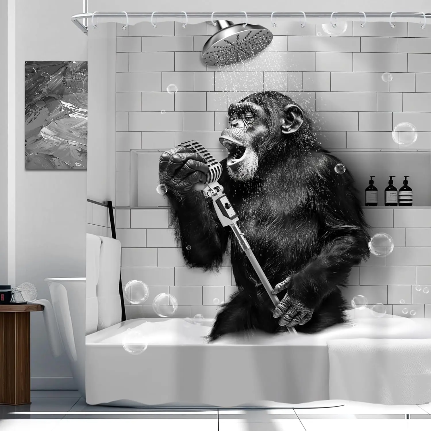 Newsely Funny B-Monkey Shower Curtain, 72Wx72H in Waterproof Fabric, Black White Animals Figure Design, Singing Chimpanzee in Bathtub, Men-Kids Bathroom Set, Modern Cool Bath Decor That Enhances Bathroom Beauty