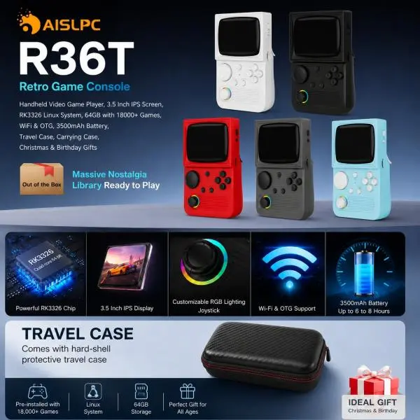 AISLPC R36T Retro Game Console, Handheld Video Game Player, 3.5 Inch IPS Screen, RK3326 Linux System, 64GB with 18000+ Games, WiFi & OTG Support, 3500mAh Battery, Carrying Case, Christmas & Birthday Gifts