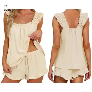 Womens Pajamas Set 2 Piece Ruffle Pj Soft Tank Top and Shorts Sleepwear Set Bridal Pajama for Women Set