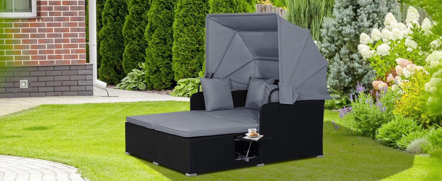 COSTWAY Outdoor Daybed, 2-Person Wicker Chaise Lounge with Retractable Canopy, Cushions & Pillows, 2 Side Trays, Patio Double Sofa PE Rattan Sunbed Lounger for Deck Poolside Garden Balcony