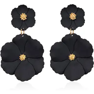 White Summer Flower Floral Dangle Earrings Boho 2 Layered Floral Petal Drop Statement Stud Earring for Women