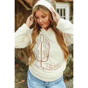 Cream Hoodie W Boot Embroidery