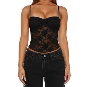 Women's Summer Lace Cami Tops Sleeveless Ruched Front Solid Color CamisoleFit Tank Tops Spaghetti Strap Chic