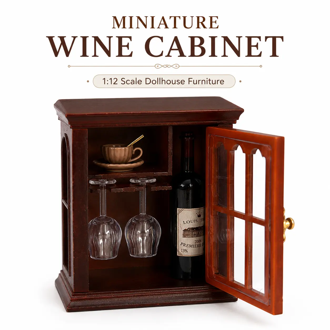 1:12 Scale Miniature Wine Cabinet with Mini Wine Bottle, Hanging Glasses & Tea Cup Set, Wooden Dollhouse Bar Cabinet Display Furniture for Mini House Decor and DIY Scene