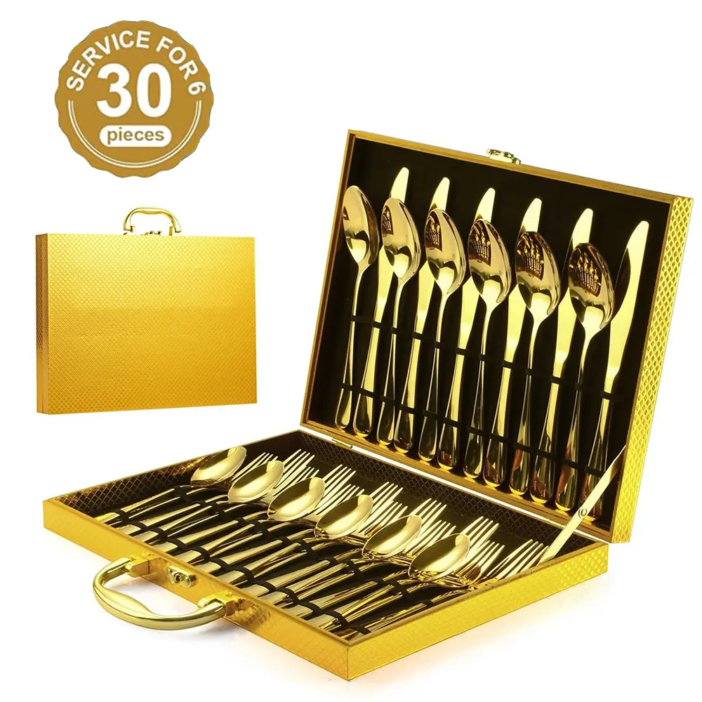 Luxury 30-Piece Gold Stainless Steel Flatware Set - Premium Mirror Finish Cutlery Gift Box for Independence Day BBQ, Summer Party, Wedding & Family Dinner Table Setting  DealsforYouDays SummerWins
