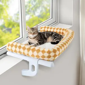 Window Perch Hammock Sturdy Windowsill Bed Seat for Large Cats No Drilling No Suction Adjustable Kitty Shelf with Washable Cover Easy Assembly Holds up to 40 lbs 24.8 * 15 in (Brown, L)
