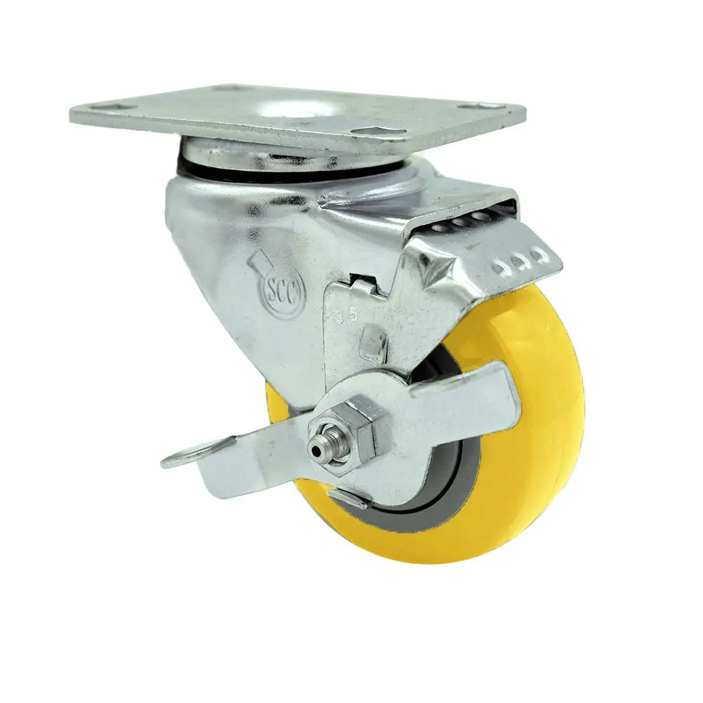 212 MAIN SCC-20S3514-PPUB-YEL-TLB Polyurethane Lockable Swivel Caster, Furniture Moving Wheel with 3.5 in. Yellow Wheel, Top Locking Brake, Swivel Top Plate, Lockable Wheels
