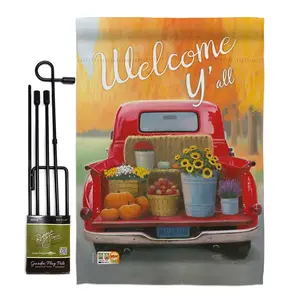 Breeze Decor BD-HA-GS-113077-IP-BO-D-US18-WA 13 x 18.5 in. Welcome Harvest Truck Fall & Autumn Vertical Double Sided Mini Garden Flag Set with Banner Pole, Weatherproof