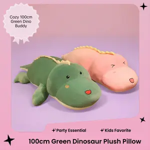 1pc 100cm Large Striped Green Dinosaur Stuffed Animal - Unisex Ages 12+ Bed Sofa Cushion Pillow, Children's Bedroom Sleeping Companion