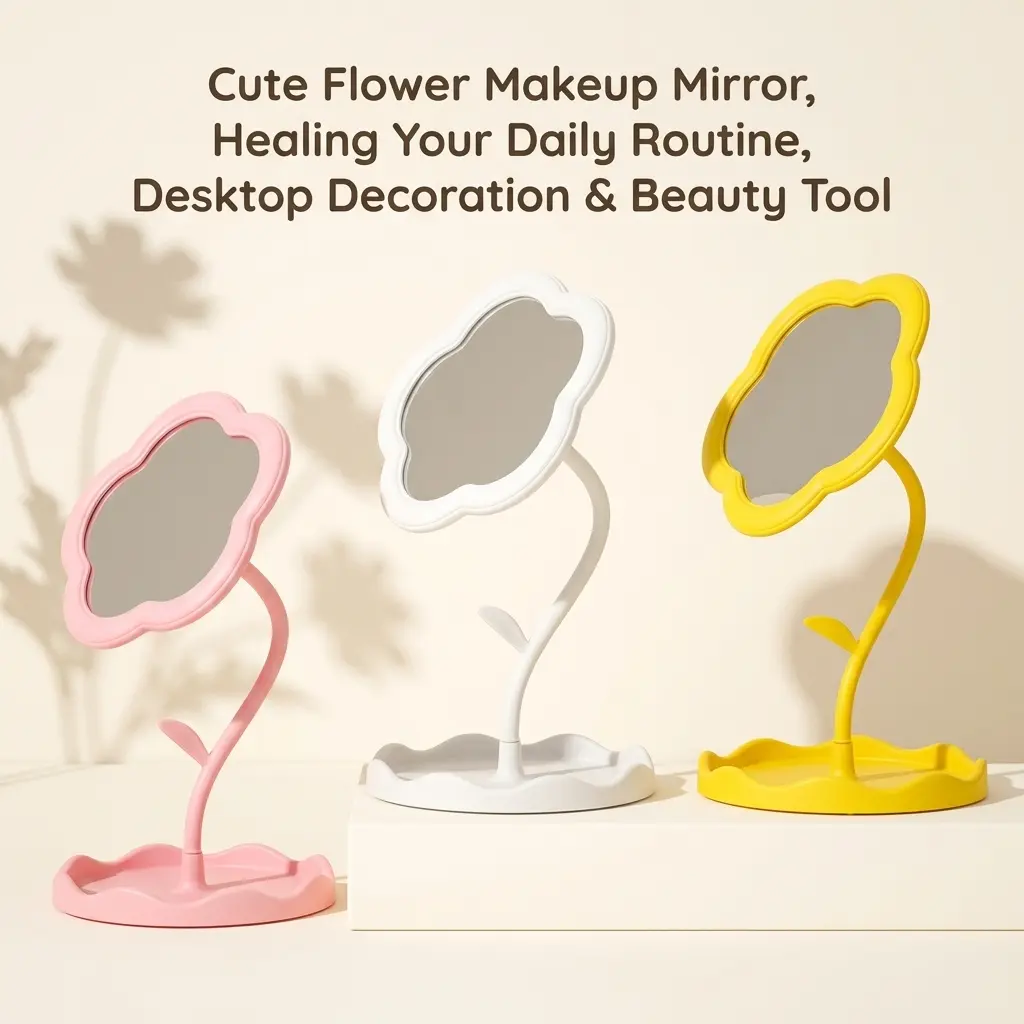 Large Flower Aesthetic Vanity Mirror - Cute Pastel Tabletop Makeup Mirror - Floral Shaped Room Decor for Bedroom, Vanity, and Dorm (Pink, Yellow, White)