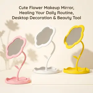 Large Flower Aesthetic Vanity Mirror - Cute Pastel Tabletop Makeup Mirror - Floral Shaped Room Decor for Bedroom, Vanity, and Dorm (Pink, Yellow, White)