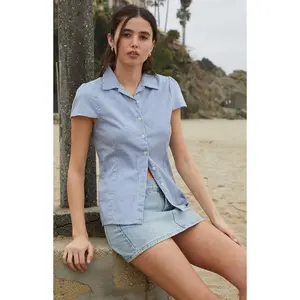 John Galt Women's Light Blue Rue Plaid Collared Top