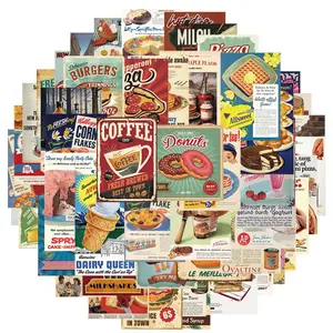 Vintage Food & Drink Pattern Sticker, 50pcs/set Waterproof Self Adhesive Decor Paper, Decor Sticker for Scrapbooking Gift Greeting Card Water Bottle Laptop Phone