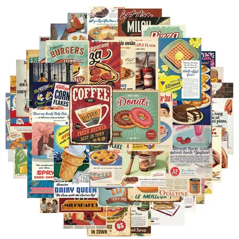 Vintage Food & Drink Pattern Sticker, 50pcs/set Sticker Packs Waterproof Self Adhesive Decor Paper, Decor Sticker for Gift Greeting Card Water Bottle Laptop Phone