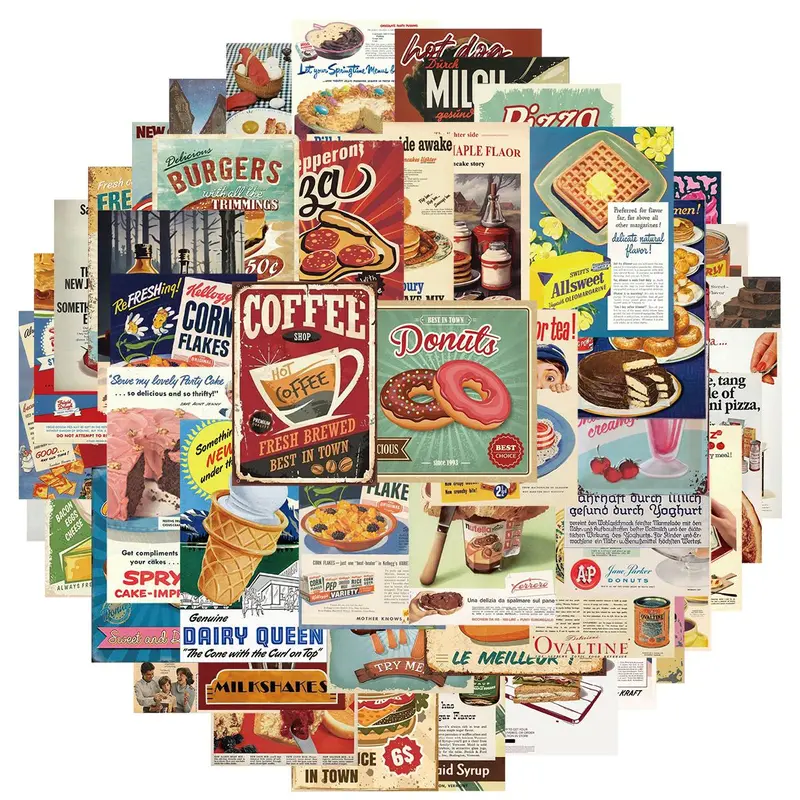 Vintage Food & Drink Pattern Sticker, 50pcs/set Sticker Packs Waterproof Self Adhesive Decor Paper, Decor Sticker for Gift Greeting Card Water Bottle Laptop Phone