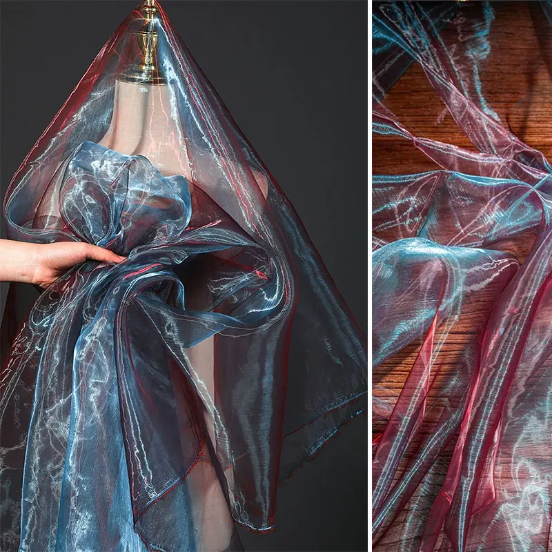 Blue-Red shimmering sheer mesh fabric, lightweight breathable textile for DIY crafts, party decorations, students, with a dreamy effect